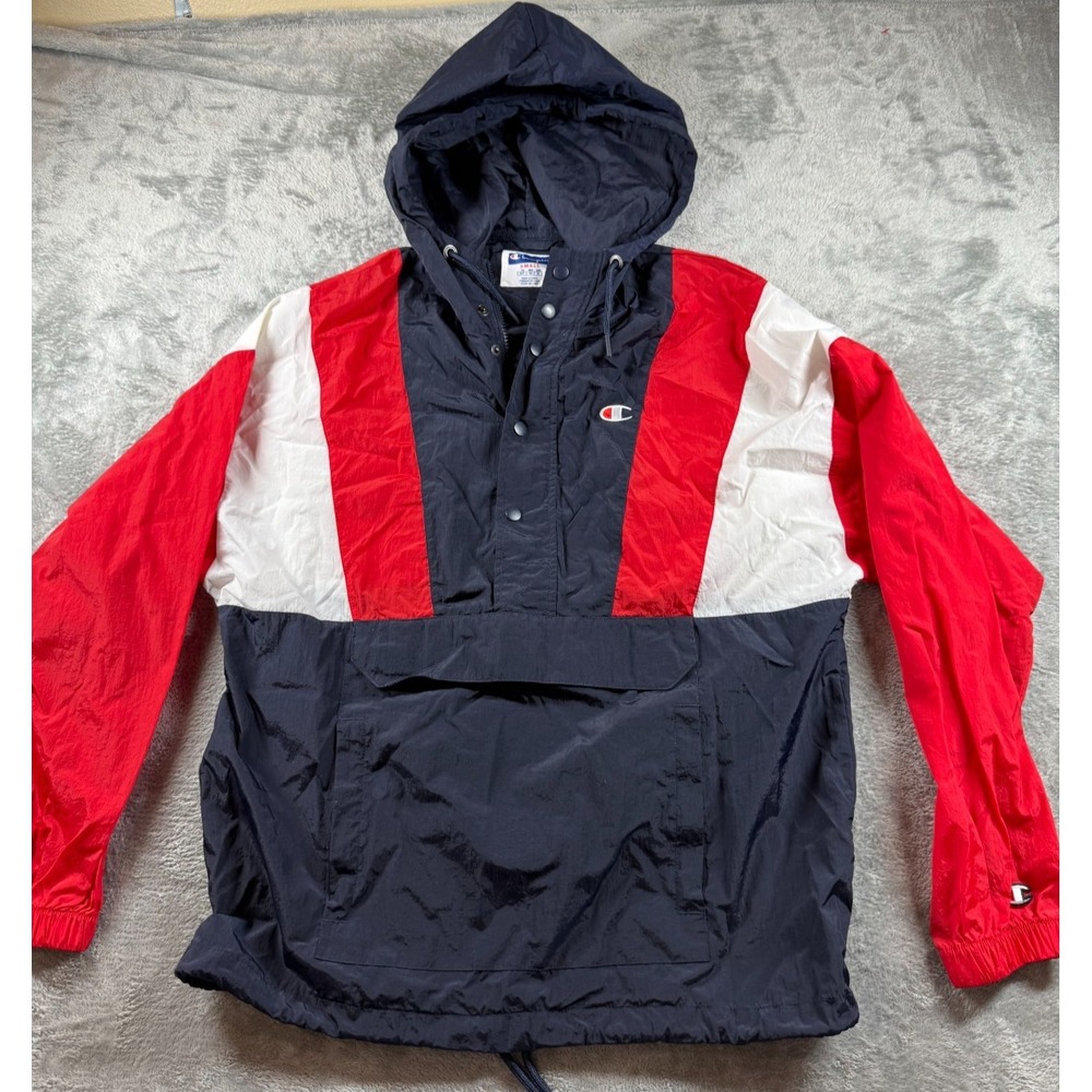 Vintage Champion Colorblock Windbreaker Pullover Jacket Red White Blue Hooded XL